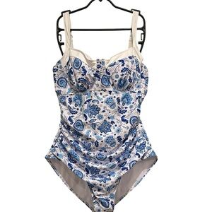 💙 B2PRITY Blue & White Floral One‑Piece Swimsuit – XL – Supportive & Flattering
